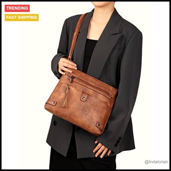 Large Crossbody Purse Multi Pocket Shoulder Bag Faux Leather Retro Chic - Picture 2 of 7